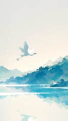Naklejka premium Traditional blue and white lake white crane bird illustration poster background