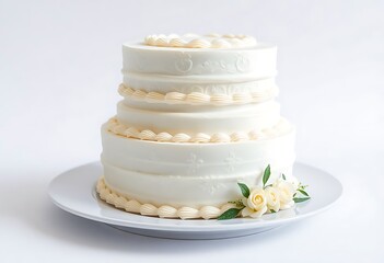 three tiered wedding cake on a plate