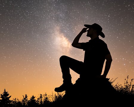 Silhouette of a man gazing at the night sky - Powered by Adobe