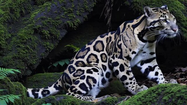 A low-angle video shot of a clouded leopard prowling through lush, moss-covered forest, highlighting its stealth and natural camouflage.
