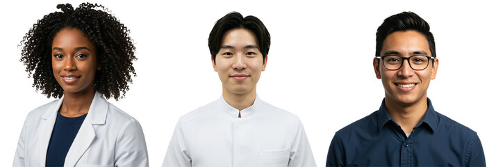 Diverse group of young professionals smiling. Multiethnic team of a Black woman, East Asian man, and South Asian man looking at camera. Studio portraits on transparent background.