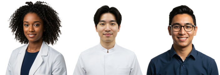 Diverse group of young professionals smiling. Multiethnic team of a Black woman, East Asian man, and South Asian man looking at camera. Studio portraits on transparent background.