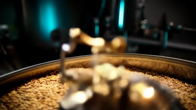 Craft brewing: malt grain roasting with metal kettles, a traditional beer making process, warm golden tones evoke rich flavor and heritage