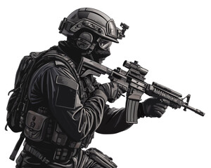 vector of modern soldier with rifle in tactical gear, detailed helmet and body armor, clean black silhouette on white background
