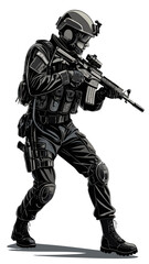 vector of modern soldier with rifle in tactical gear, detailed helmet and body armor, clean black silhouette on white background
