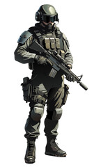 vector of modern soldier with rifle in tactical gear, detailed helmet and body armor, clean black silhouette on white background
