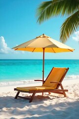 Fototapeta premium Relaxing beach scene with a stylish umbrella providing shade over a comfortable beach chair, perfect for a sunny day , water, sandals, leisure