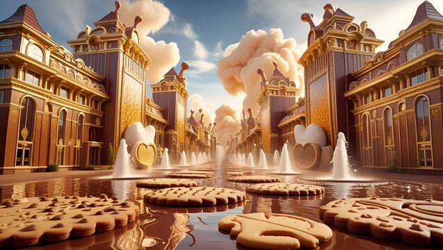 Buildings shaped like chocolate bars, fountains pouring melted chocolate, cocoa dust clouds in the sky, and cookie sidewalks&mdash;stylized like a dreamlike Willy Wonka world.