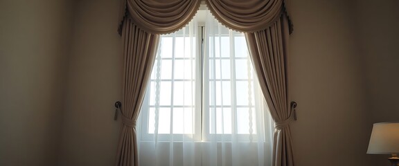 window with a curtain and a lamp in front of it