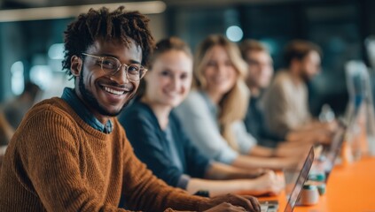 Obraz premium Smiling people working together in office