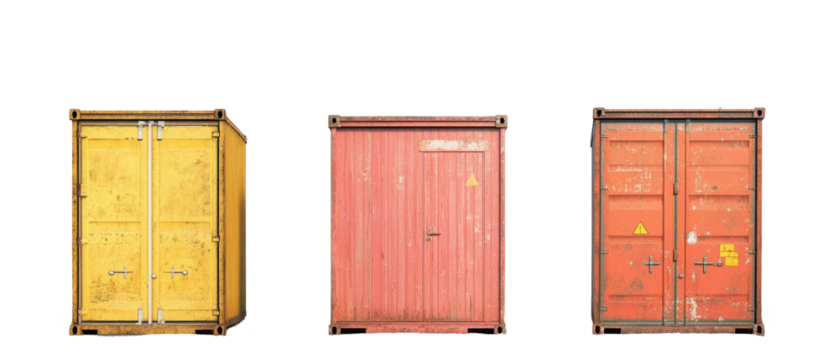 Three Weathered Shipping Containers With Yellow Red And Orange Tones Against a Black Background Showing Industrial Elements