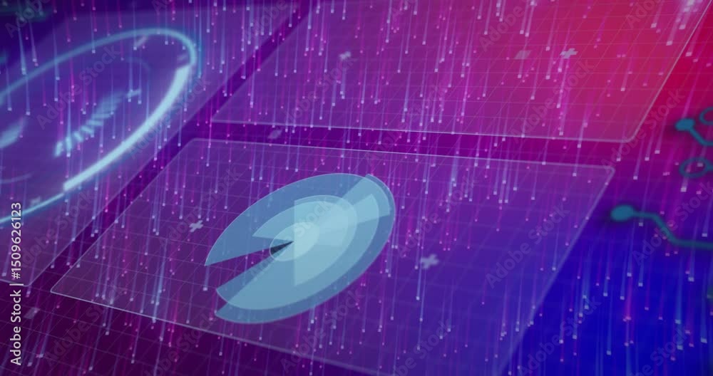 Poster on startup radar shape rotating and cycling segments pulsing ring and neon lines visualizing data