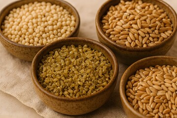 Obraz premium Bowls of various grains on a textured surface.