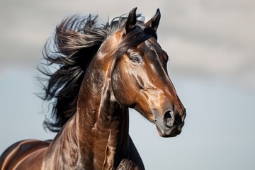 Fototapeta premium A horse with a flowing mane appears powerful and graceful against a simple white backdrop, with its strength and elegance clear to see.