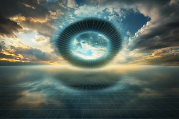 Dreamlike portal floating above retrofuturistic grid