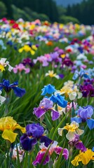 A vibrant field of colorful iris flowers blooming in a garden with a mountain background