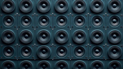Geometric pattern of numerous dark speaker cones.