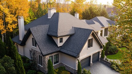 A large modern house sitting among colorful autumn trees