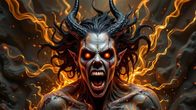 Fiery-faced demon with red eyes and horns surrounded by flames in a dark infernal setting