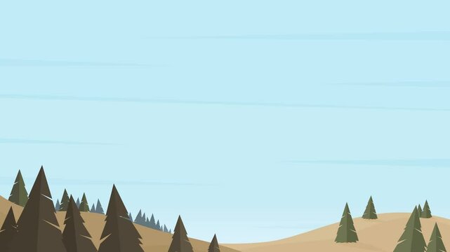 Cartoon mountain landscape with pine trees and clear sky looping flat illustration animation background
