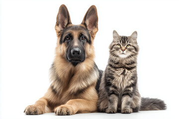 並んで座るジャーマンシェパード犬と猫のポートレート
