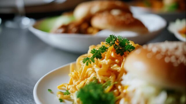 Delicious looking fast food meal featuring a burger and macaroni and cheese on white plates close up with shallow depth of field for menu illustration.