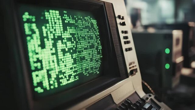 A computer monitor displays a green screen with a lot of numbers and symbols. Scene is somewhat ominous and mysterious, as the screen seems to be displaying some sort of complex code or data