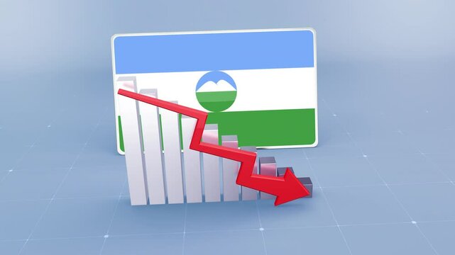 Kabardino Balkaria Country Flag and Bar Chart Graph Showing Decreasing Values a Red Arrow Economic Crisis Concept