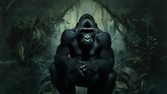 A large gorilla is crouching in the jungle. The image has a dark and moody atmosphere, with the gorilla looking down and the surrounding foliage creating a sense of mystery and danger