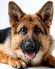 A brown and black dog laying down with its tongue out