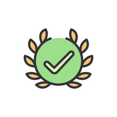 Green Circle Enclosed By Symbolic Laurel With Check Mark For Approval
