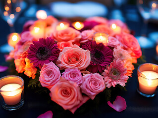 Love-shaped design of fresh flowers and candles for table decoration