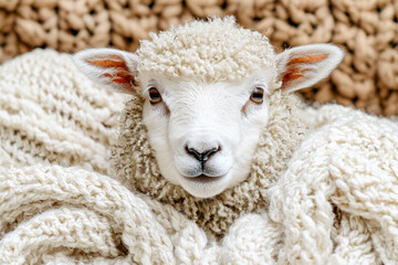 A white sheep is nestled in soft, cream-colored knitted blankets, creating a cozy and warm atmosphere.