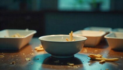 A lone, empty bowl sits on a table, surrounded by scattered takeout containers, conveying feelings of profound sadness and emptiness linked to hunger and depression , eating disorder, isolated