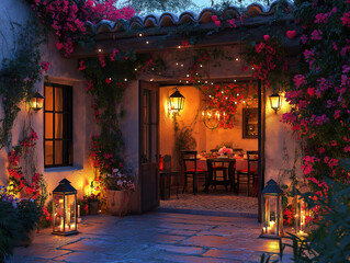 Lanterns and Valentine accents decorating a cozy patio