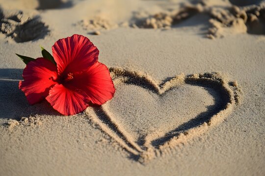 Vibrant red hibiscus flower beside a heart shape drawn on beach sand outdoors