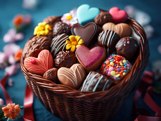 Chocolates and flowers arranged in a gift basket with romantic ribbons