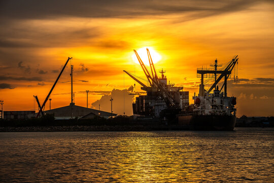 sunset in the port