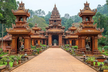 Fototapeta premium Ornate temple complex with detailed carvings, lush greenery, and a central walkway, reflecting traditional Southeast Asian architecture.