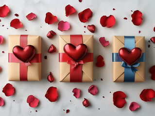 Valentine's Day flat-lay with gifts and scattered rose petals