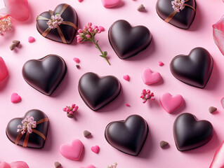 Sweet flat-lay of heart-shaped chocolates and silk-tied small bouquets