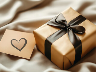 Satin-tied gift box arranged alongside a small love-inspired card