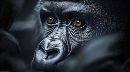 Obraz premium A close-up of a silverback gorillaâ€™s deep eyes, monochrome mood, ultra-sharp details, blurred soft background, artistic wildlife portrait