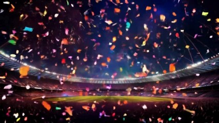 empty stadium arena celebration a victory by strewn with confetti with animated fans crowd in the sunny day lights. High quality 4k footage
 - Powered by Adobe