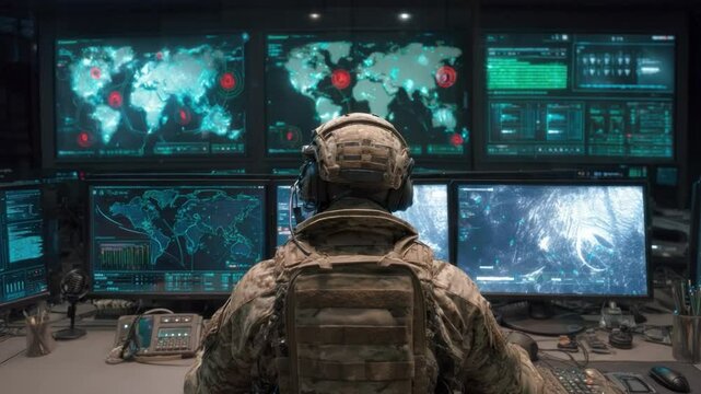 Cybersecurity Specialist: A soldier, seen from behind, sits before a wall of monitors displaying global threat data, symbolizing vigilance and digital defense.