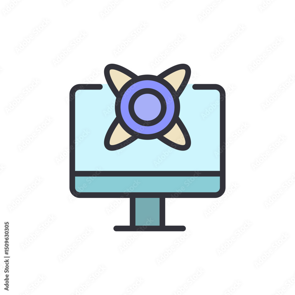Poster monitor screen displaying an abstract symbol over transparent layout