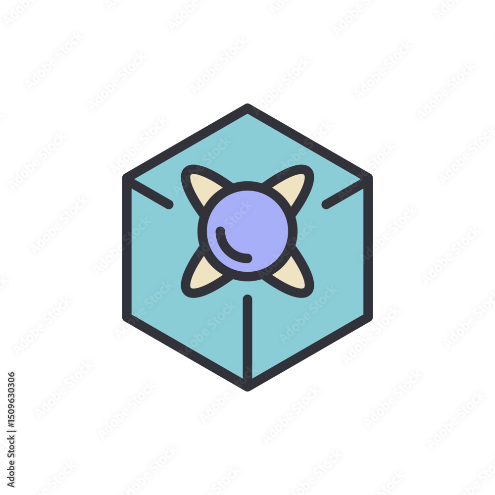 Poster futuristic hexagonal box with a centered sphere and floral design element