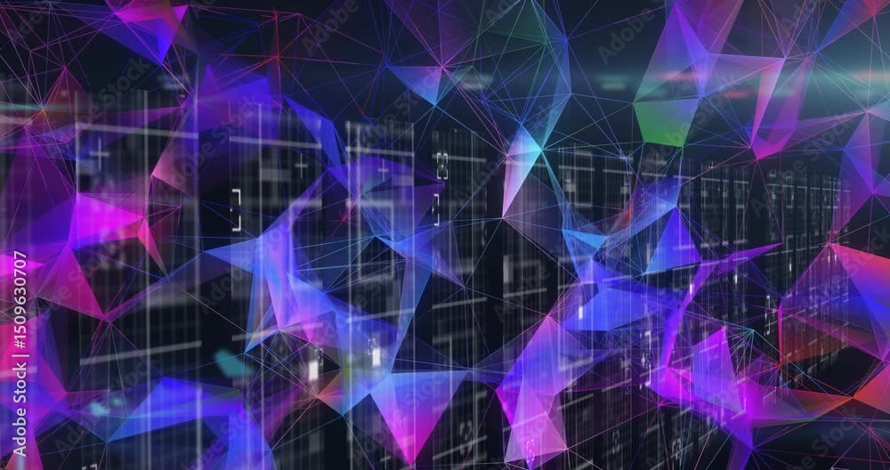 Poster on startup purple triangular nodes morphing across grid, pulsing and recombining data network mesh