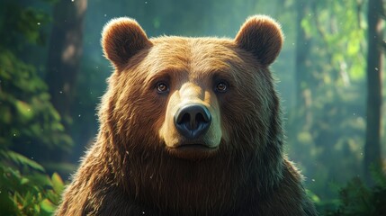 Obraz premium A close-up portrait of a brown bear with gentle eyes, detailed fur texture, blurred forest background, photorealistic 
