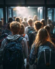 Group of students walking into a school building during back-to-school season